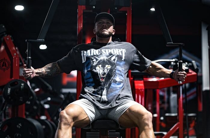 A man sitting on a bench in a gym